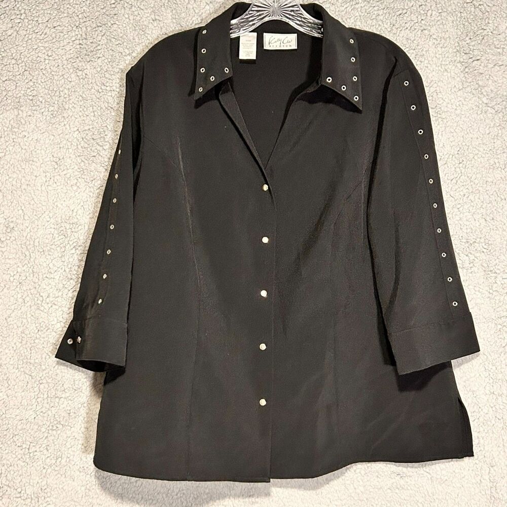 Kathy Che Stretch Sz 14/16W Blouse 3/4 Sleeve with Silver Eye Rivet Decorations